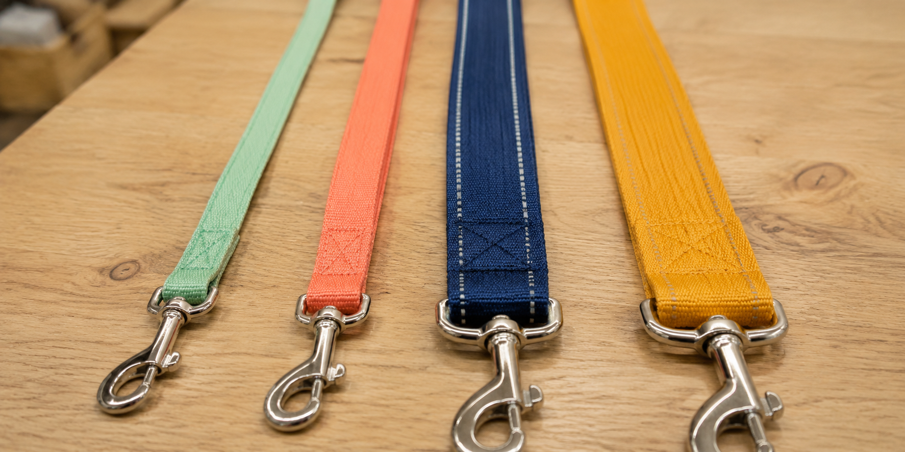 Close-up of different leash widths side-by-side